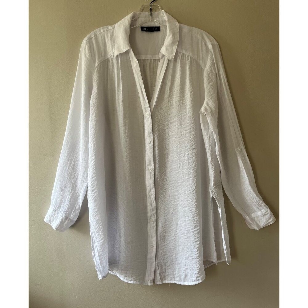 INC‎ Sz L White Button Up Tunic Semi Sheer Cover Up Long Sleeves Dress Shirt